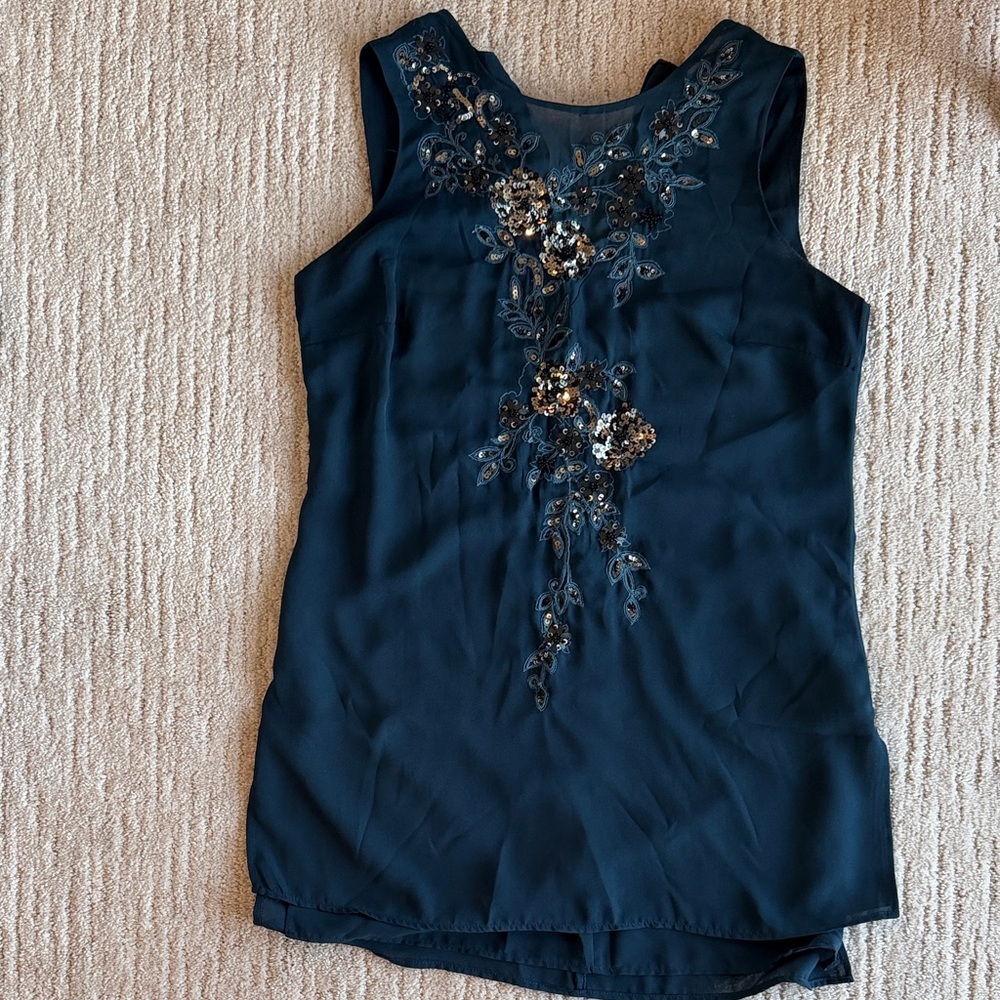 White House Black Market Teal Sleeveless Blouse with Sequin Floral Details